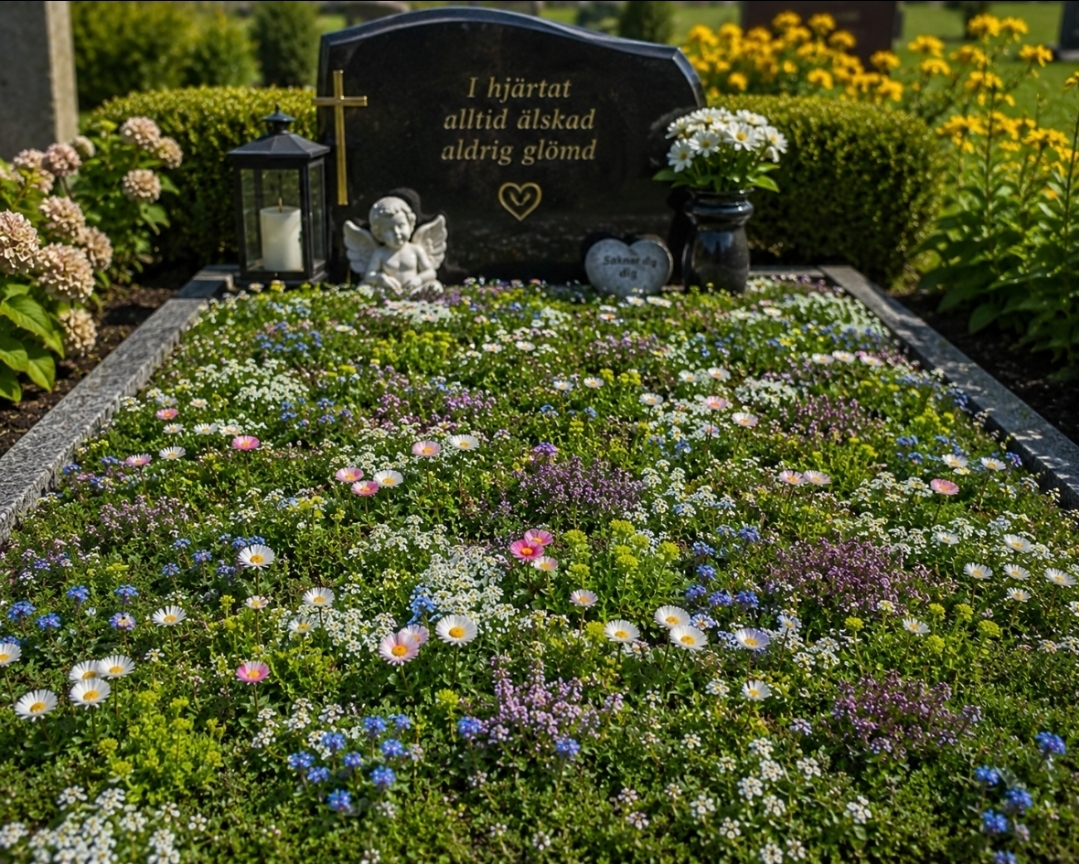 Grave Flower Mat Premium installed on a grave with low-growing flowers and wildflowers